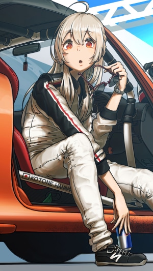 Anime girl in racing suit sitting in a car