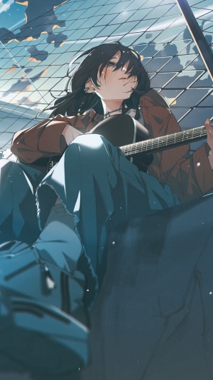 Anime girl playing guitar outdoors