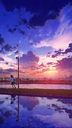 Anime girl running by a reflective body of water at sunset