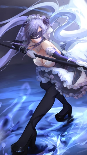 Anime girl with purple hair and mask holding a staff