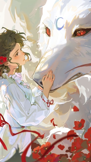 Anime girl with a white wolf and red flowers