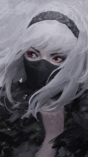 Girl with white hair and red eyes wearing a mask