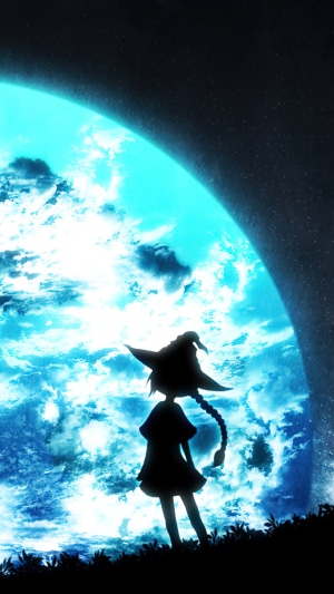 Anime girl silhouette under a large blue moon