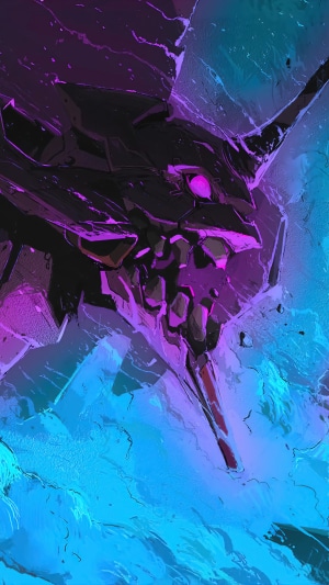 Evangelion Unit-01 head with purple and blue lighting