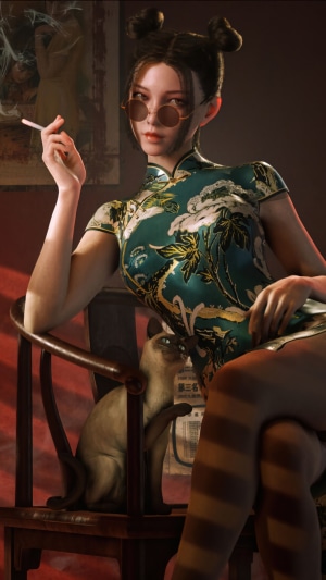 Woman in Cheongsam Smoking with Siamese Cat