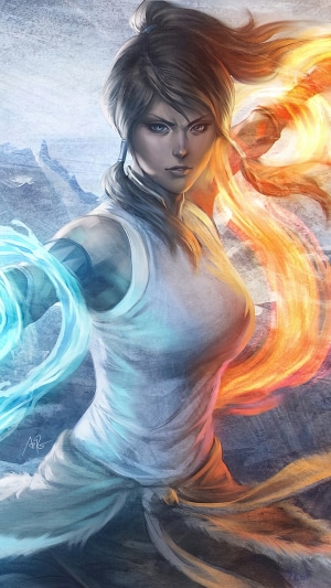 Korra from The Legend of Korra using waterbending and firebending