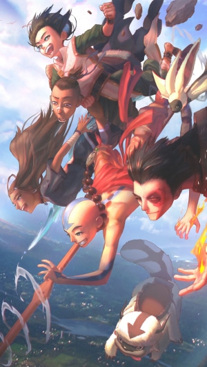 Avatar The Last Airbender characters flying in the sky