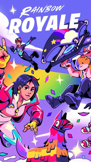 Fortnite Rainbow Royale characters and a piñata