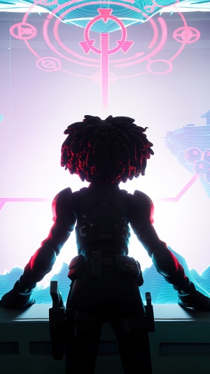 Fortnite character looking at holographic display