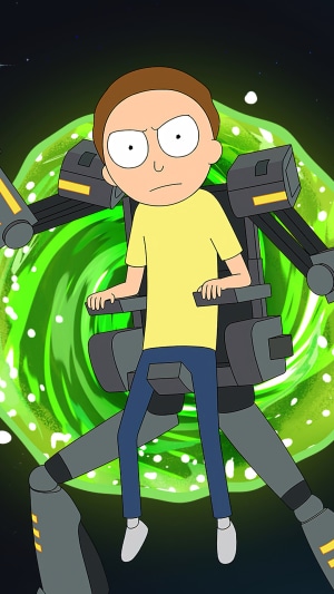 Morty Smith in a mech suit with a portal