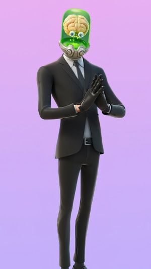Fortnite character with a brain in a jar head