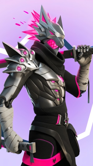 Fortnite character with swords and pink accents