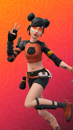 Fortnite character with orange eyes and black hair