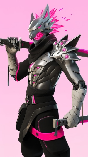 Fortnite character with pink accents and swords