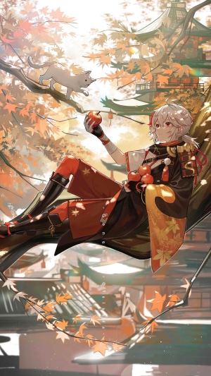 Kazuha from Genshin Impact with a cat and apples