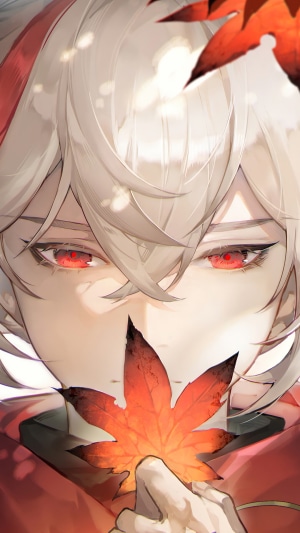 Kazuha from Genshin Impact holding a maple leaf
