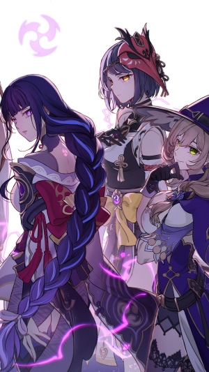 Genshin Impact characters Raiden Shogun, Kujou Sara, and Lisa