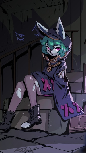 Vex from League of Legends sitting on stairs