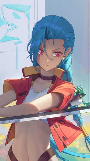 Jinx from League of Legends holding a sword