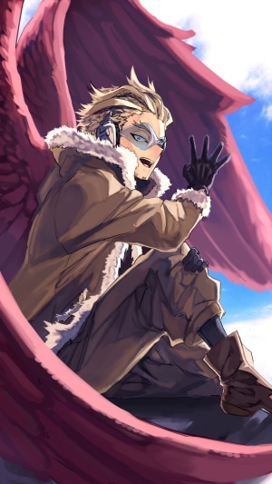 Hawks from My Hero Academia sitting with wings