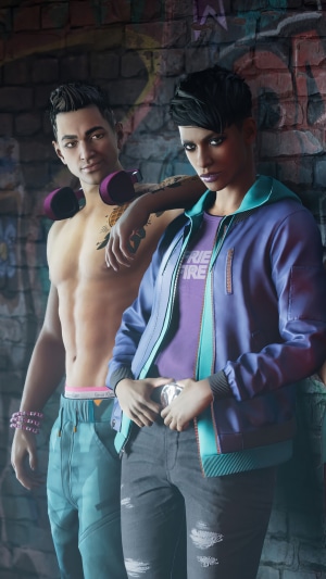 Two characters from Saints Row Reboot leaning against a graffiti-covered wall