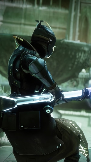 Character from Destiny 2 holding a glowing weapon