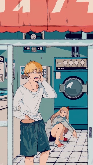 Denji and Power from Chainsaw Man at a laundromat