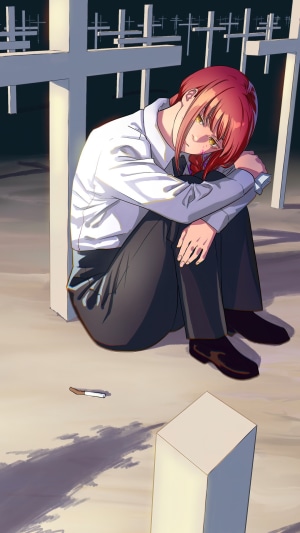 Makima from Chainsaw Man sitting in a graveyard