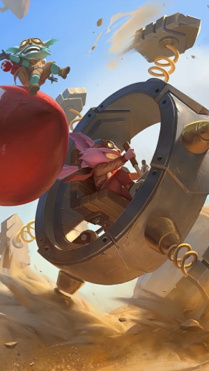 Tristana and a yordle pilot a contraption in Legends of Runeterra