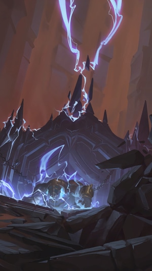 Legends of Runeterra: Lightning strikes a rocky cavern with chained figures