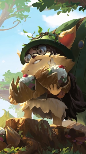 Teemo from Legends of Runeterra holding cupcakes