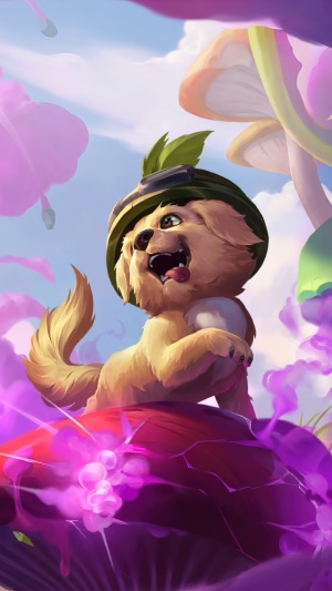 A dog from Legends of Runeterra on a mushroom
