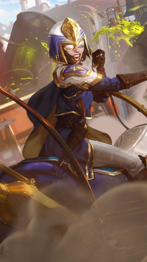 Girl in helmet riding a vehicle in Legends of Runeterra