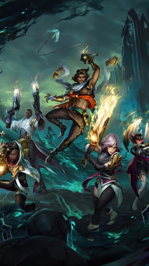 League of Legends characters Akshan, Riven, Senna, Vayne, Lucian, and Irelia