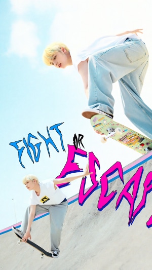 TXT Huening Kai skateboarding with 'FIGHT OR ESCAPE' text