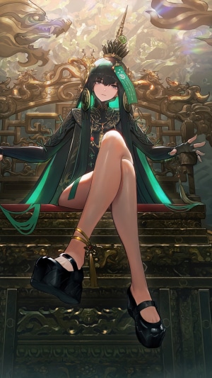 Qu from Punishing Gray Raven sitting on a throne