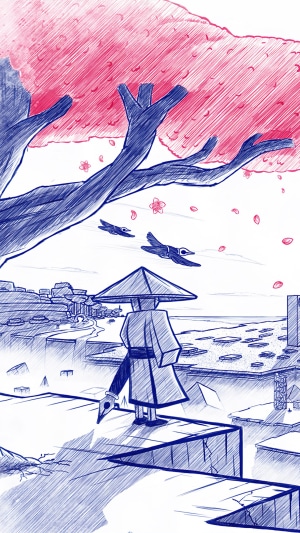 Samurai with a pen-sword overlooking a city