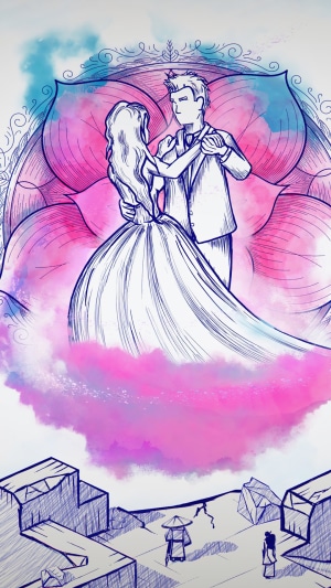 Couple dancing in a lotus flower with people below