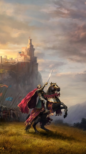 King on horseback before a castle in Kings Bounty II