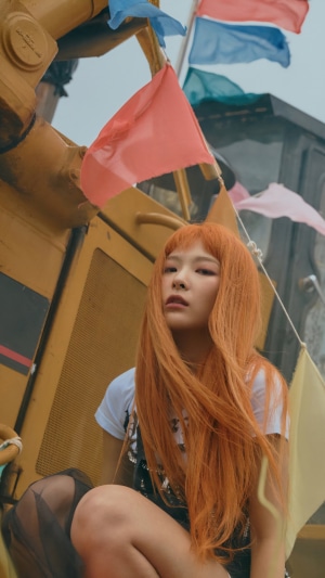 Seulgi from Red Velvet with orange hair and flags