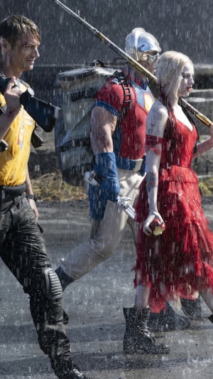 Bloodsport, Harley Quinn, Peacemaker, and Rick Flag in The Suicide Squad