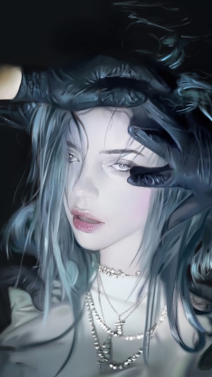 Billie Eilish with black gloves and necklaces