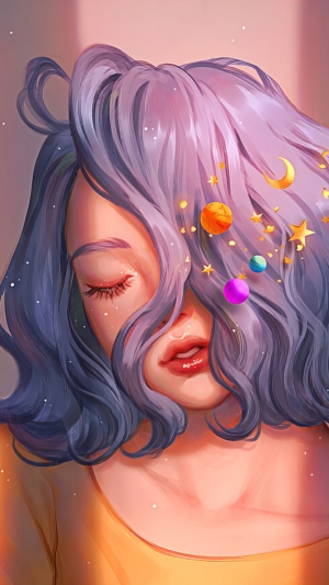 Girl with purple hair and planets in her hair