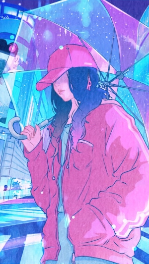Girl with Umbrella in Rainy City