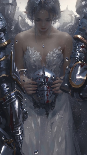 Elf woman holding a bloody knight's helmet with armored guards