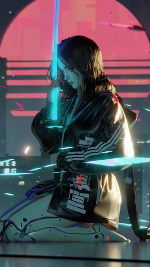Cyberpunk girl with glowing sword in neon city