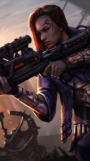 Woman with sniper rifle in sci-fi armor
