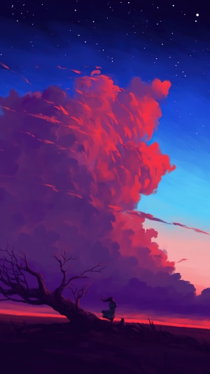 Digital art of a girl and tree at sunset