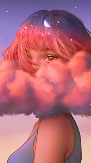 Girl with pink hair and clouds in the sky