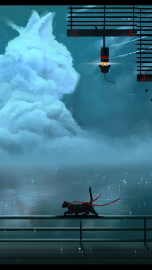 Cat with red ribbons on a railing with cloud cat in background